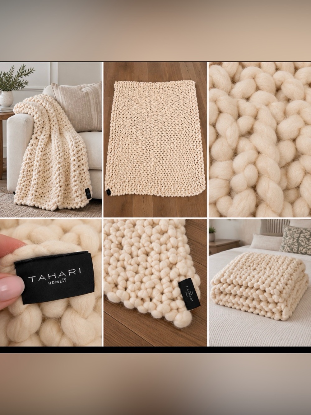 Tahari Cream Chunky Knit Throw - Oversized Plush Accent